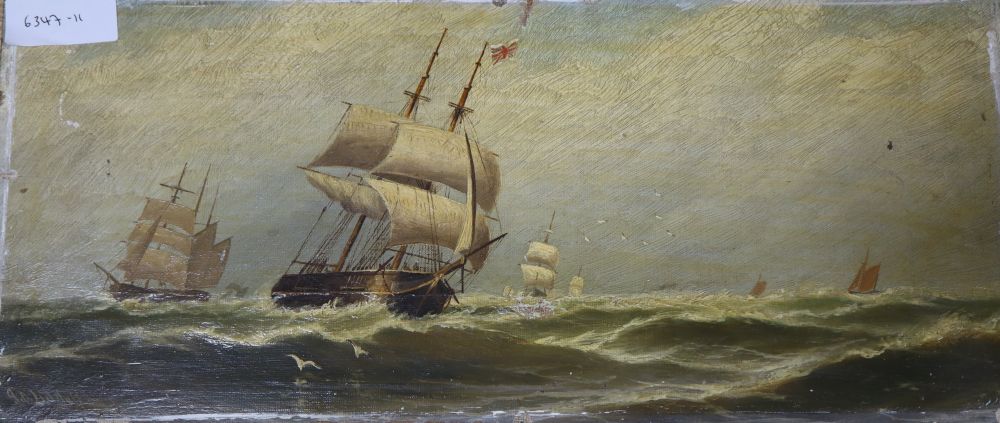 John Davidson Liddell (1859-1942), oil on canvas, Shipping at sea, signed, 21 x 46cm, unframed